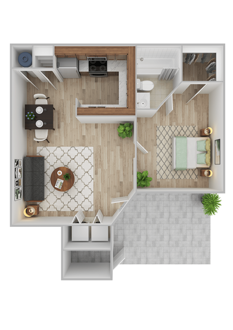 Floor plan for 1 bed, 1 bath, 645 sqft